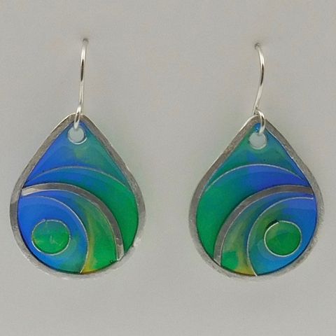 DKC-1020 Earrings, blue/green swirls, cloisonne at Hunter Wolff Gallery